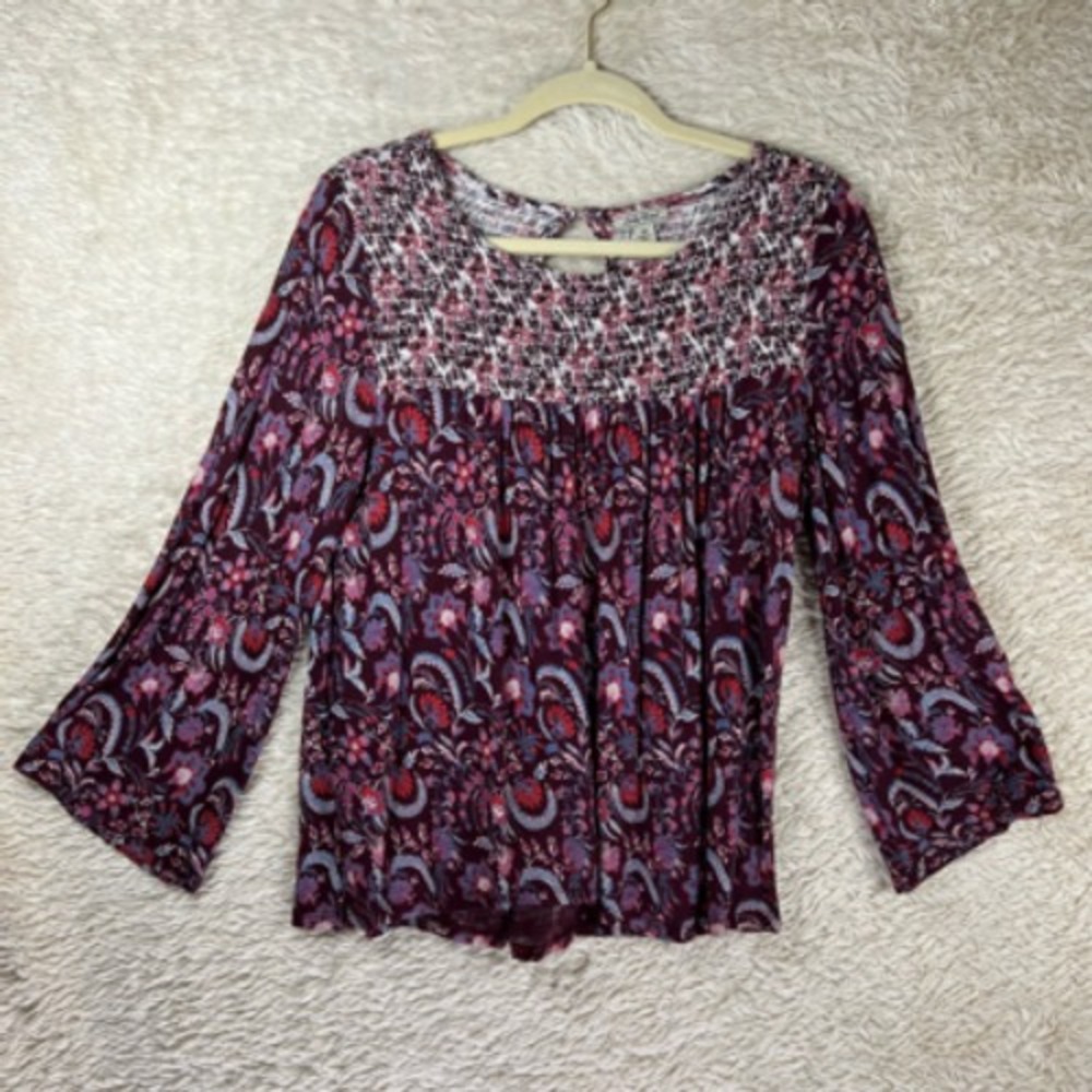 Lucky Brand Blouse Womens M Pink‎ Blue Floral Bell Sleeve Smocked Keyhole Button